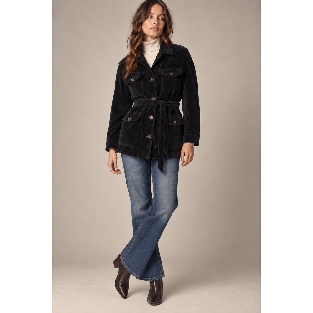 Old Navy Vintage Black Velvet Belted Field Jacket Utility Coat